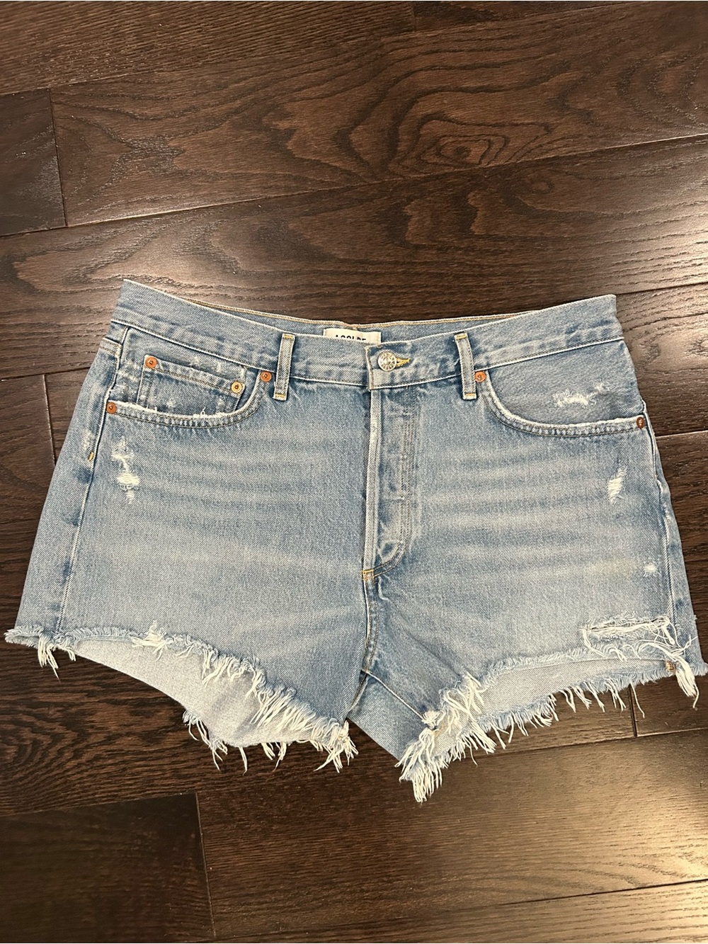 Agolde Parker Light Blue Frayed Denim Shorts